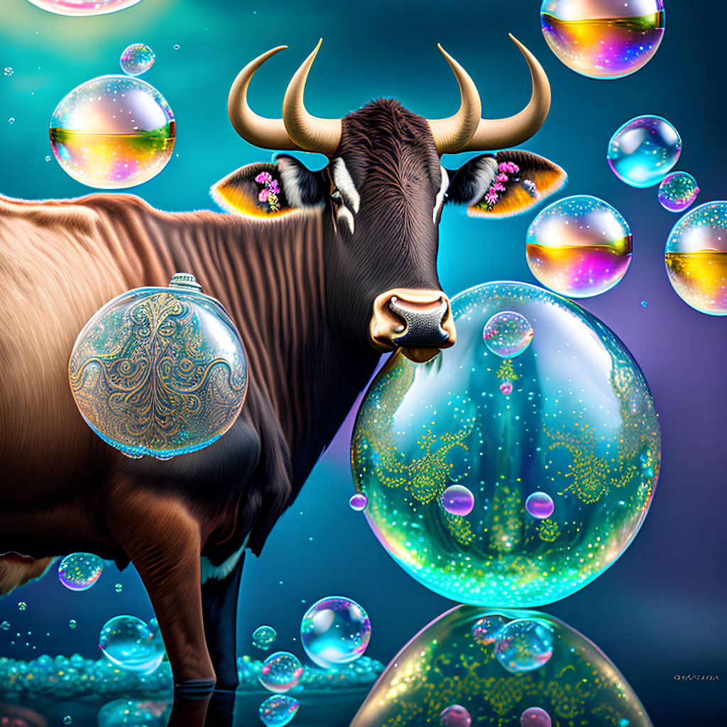 Colorful digital artwork: Brown bull in vibrant soap bubble scene