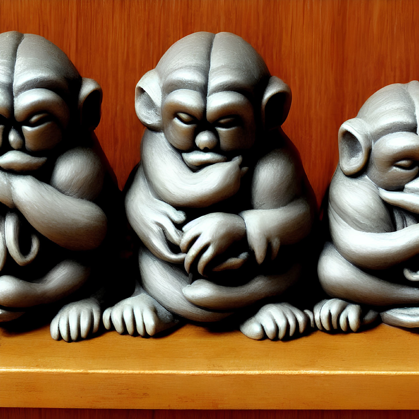 Three monkey figurines on wooden shelf