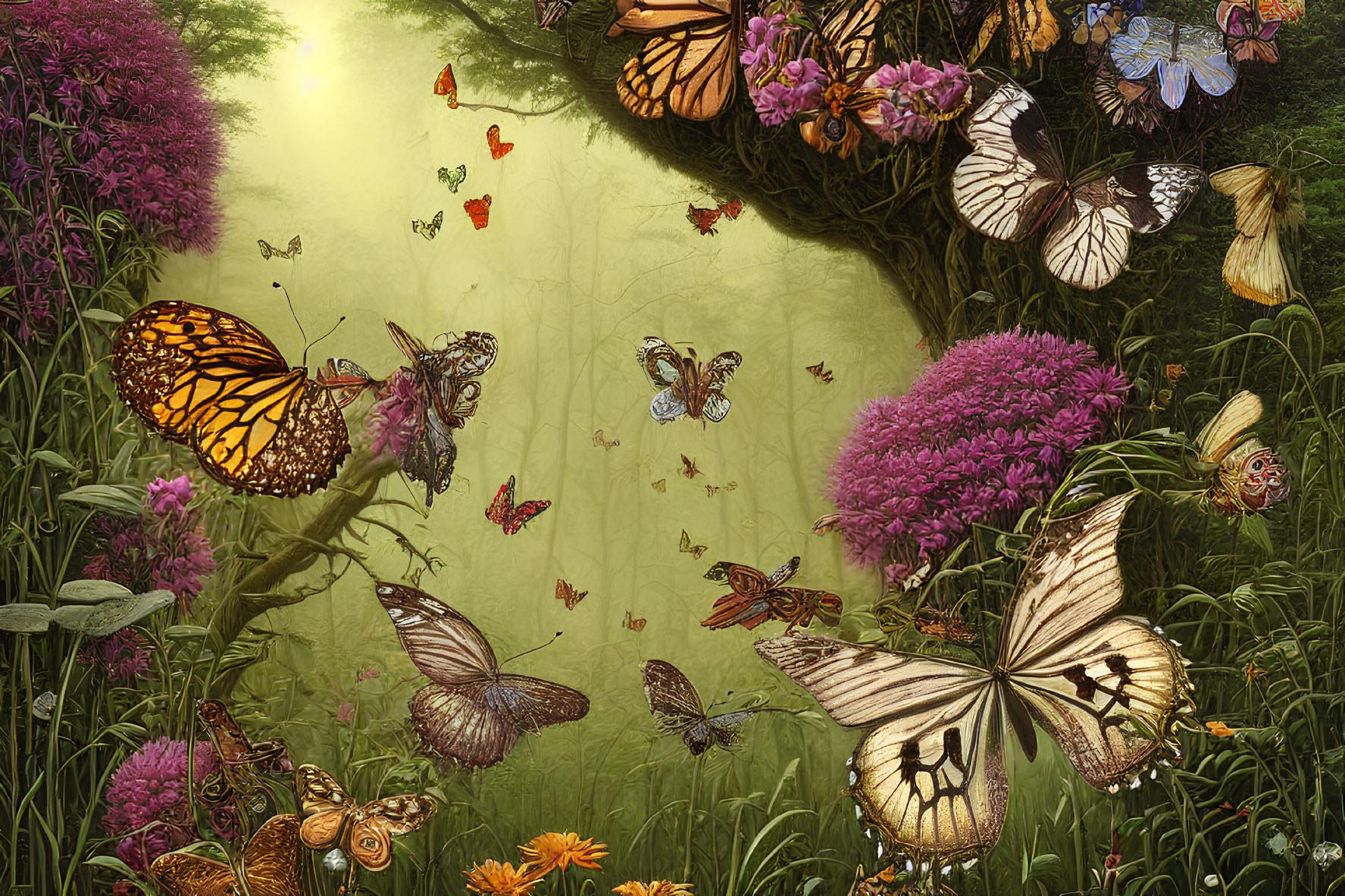 Colorful butterflies in lush garden scene with vibrant flowers and green foliage