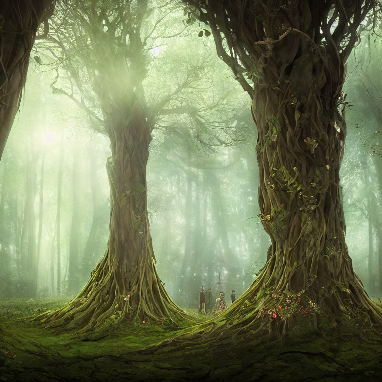 Mystical forest scene: Two people among giant trees and sunbeams