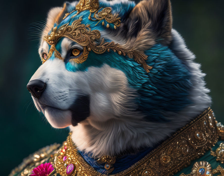 Blue-Furred Canine with Golden Headdress and Elaborate Collar