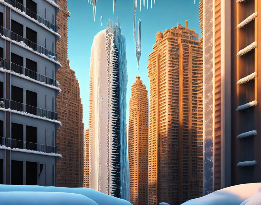 Snow-covered street with towering skyscrapers and icicles under clear blue sky