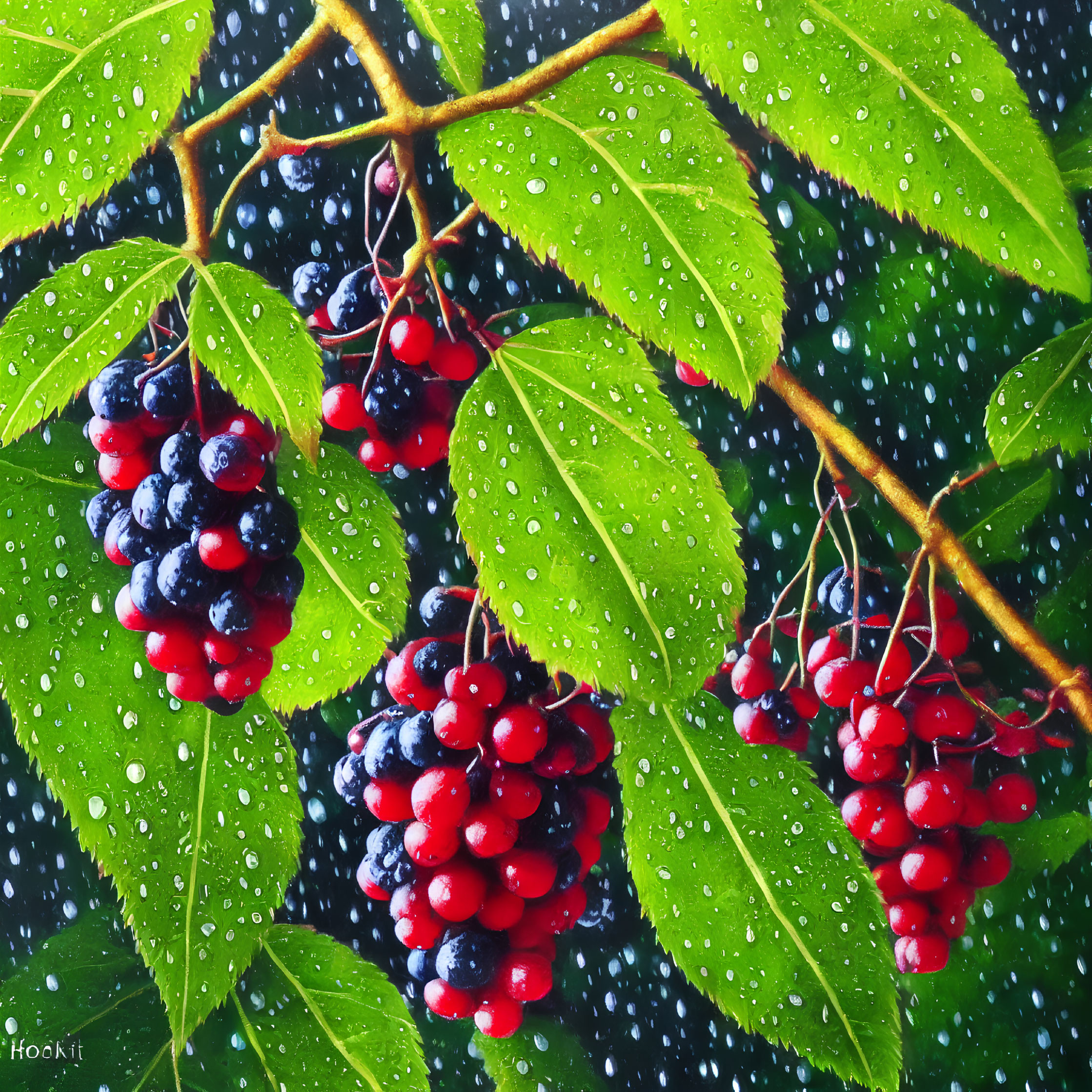 Fresh Elderberries on Branch with Water Droplets and Rainy Bokeh