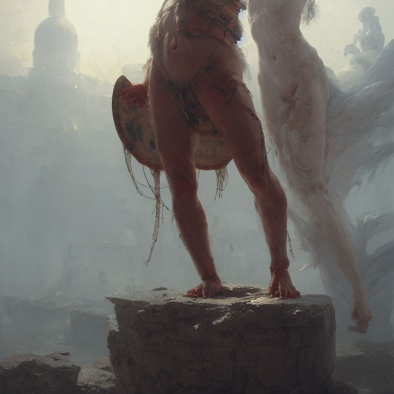 Mythical figure with shield on stone structure in foggy backdrop