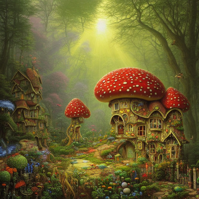 Enchanting forest scene with mushroom and tree houses in sunlight