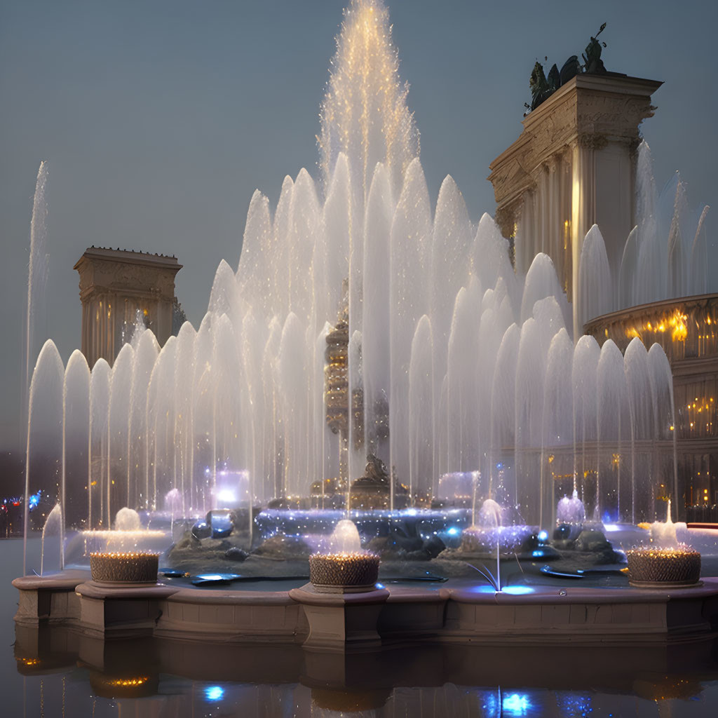 Ornate architecture and water jets illuminated at dusk