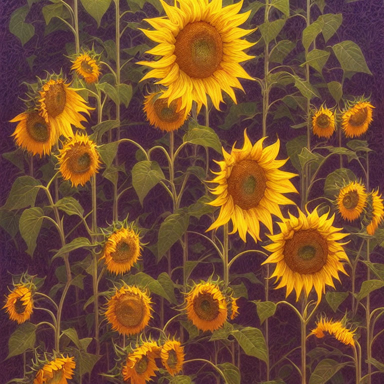 Sunflowers in bloom on textured purple background