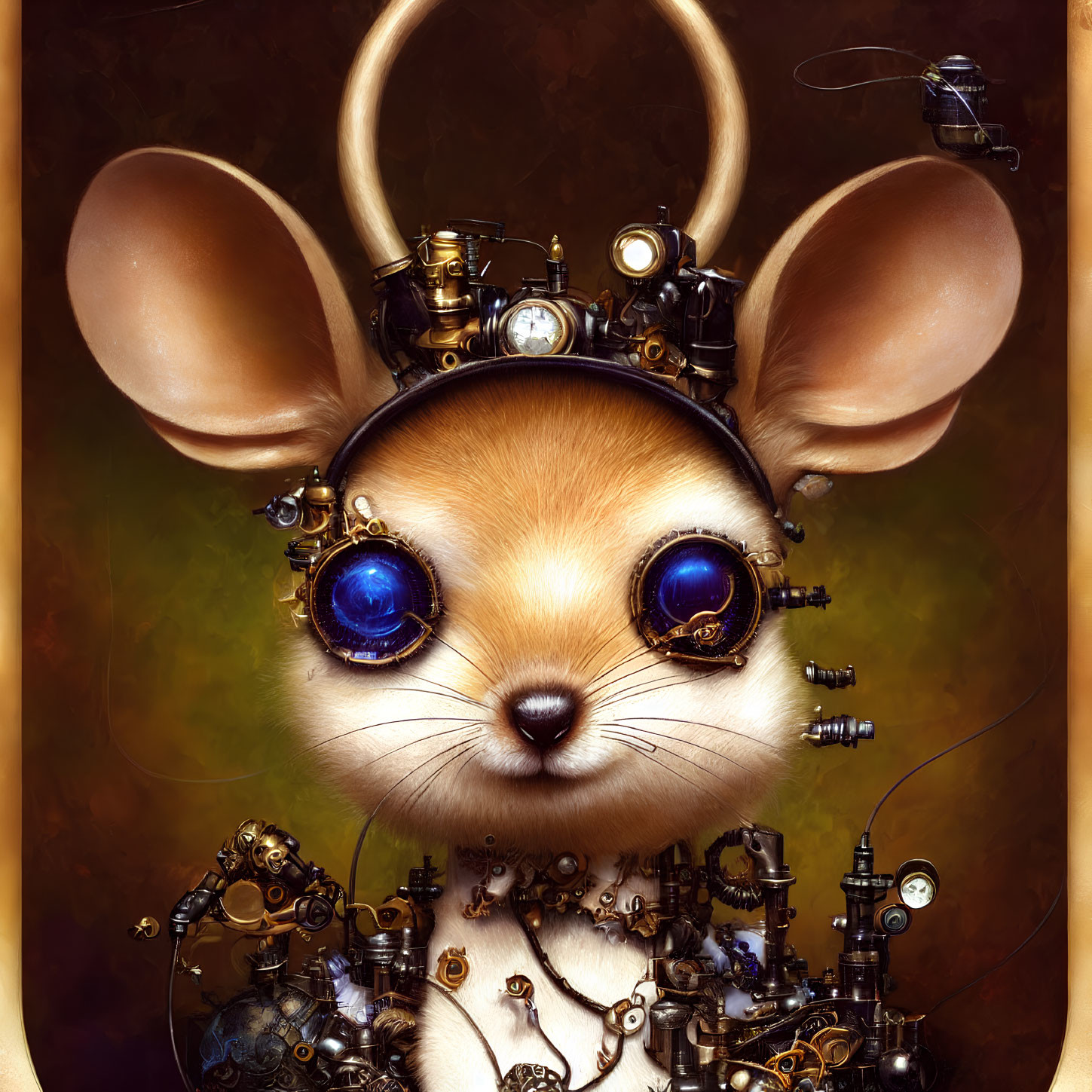 Steampunk mouse with blue goggle eyes and brass gears on warm backdrop