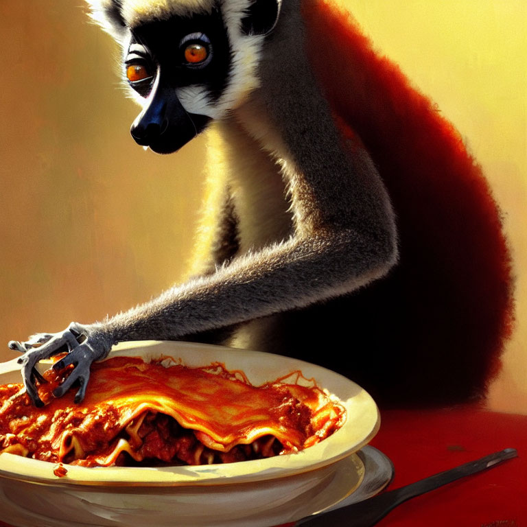 Ring-tailed lemur with human-like hand eyeing lasagna at table