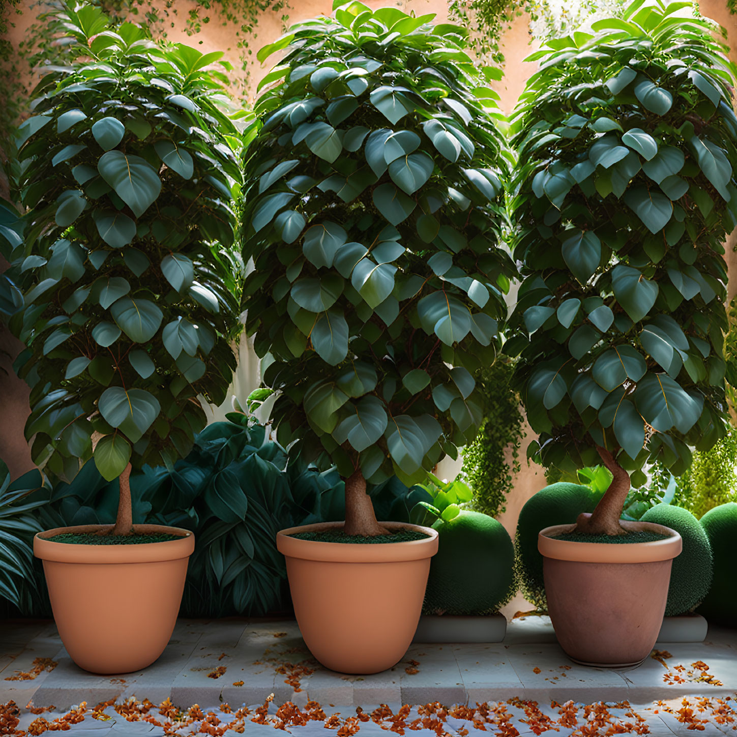 Three Broad-Leaved Green Potted Plants Against Orange Wall