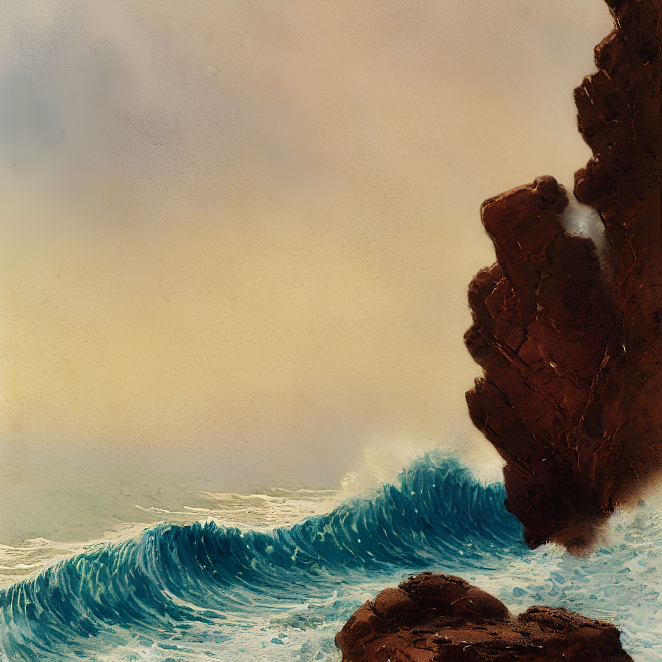 Tumultuous sea with crashing waves and rocky cliffs under golden sky