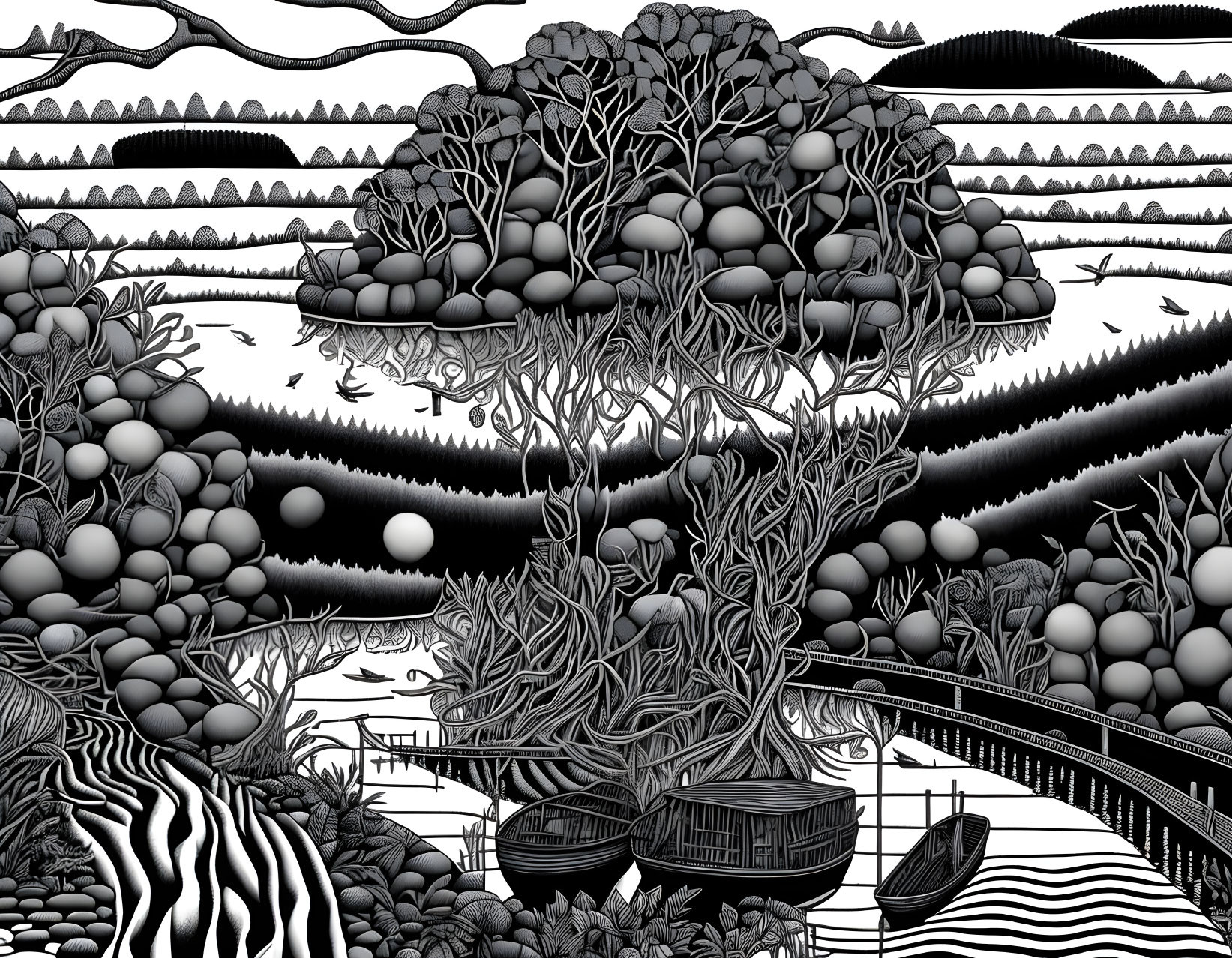 Surreal monochrome landscape with trees, hills, boats, and wavy lines