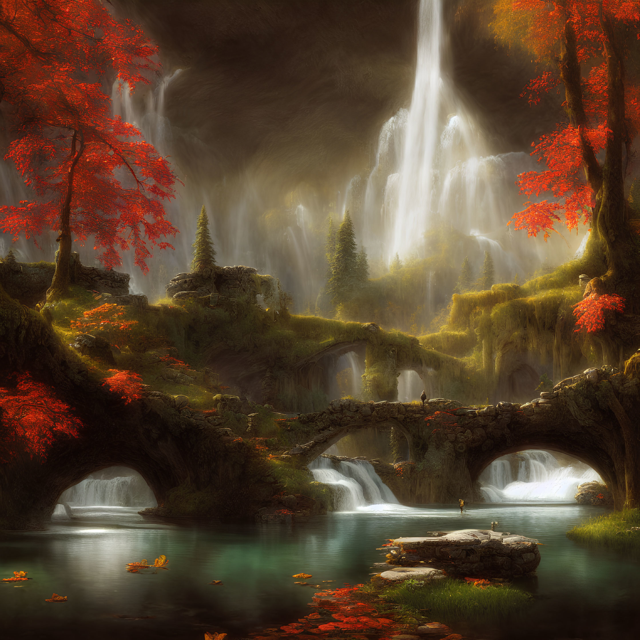 Majestic waterfall and autumn trees in serene landscape