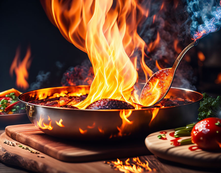 Flaming spoon and food on sizzling pan with fresh veggies on wooden board