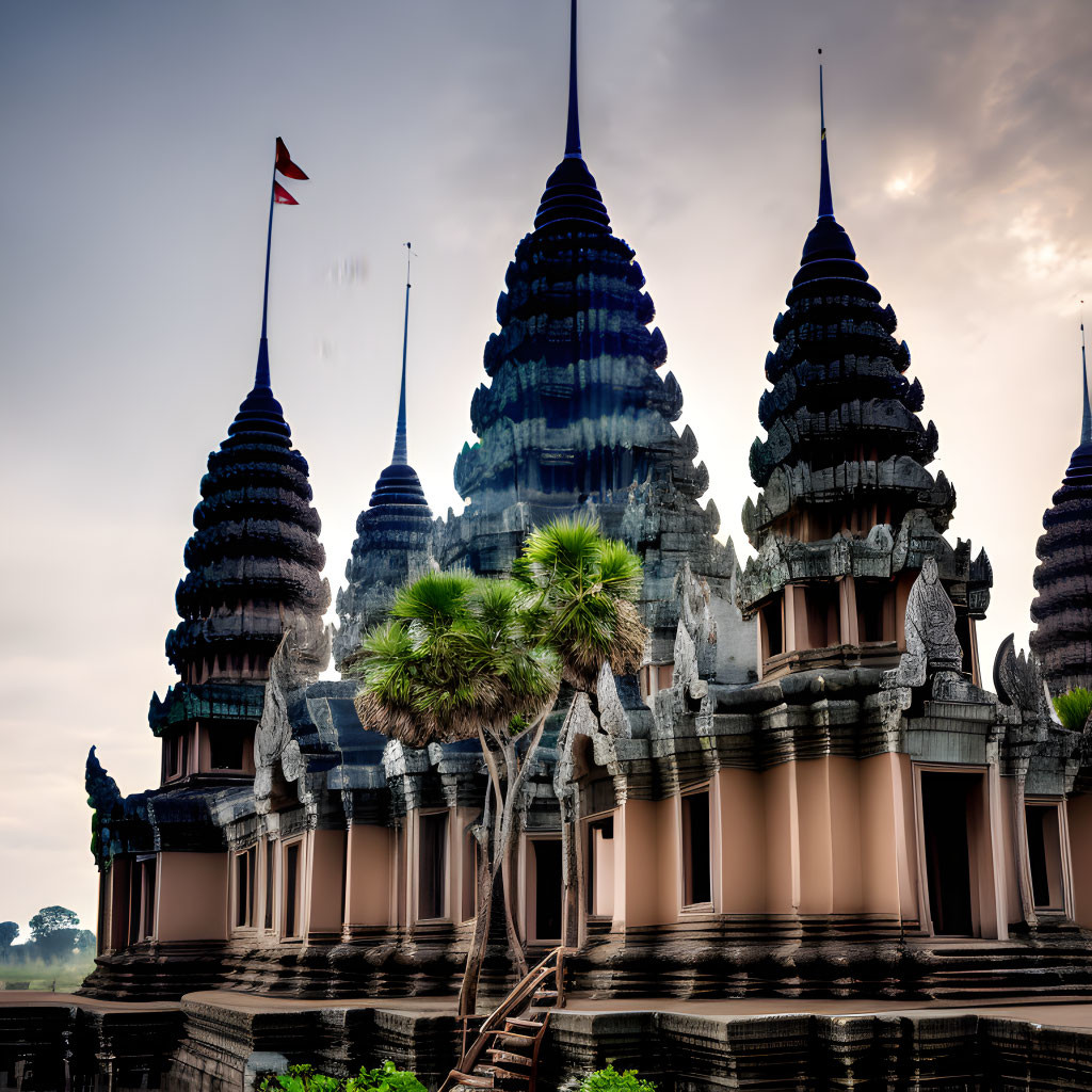 Khmer-style Temple Spires at Dusk with Flag and Greenery