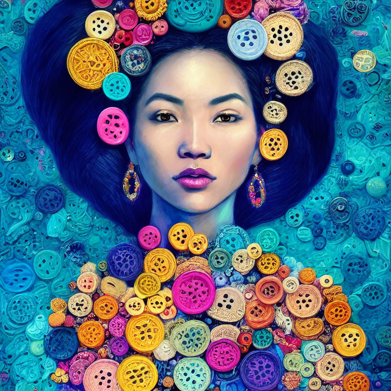 Colorful portrait of woman with blue hair and buttons against rich blue background