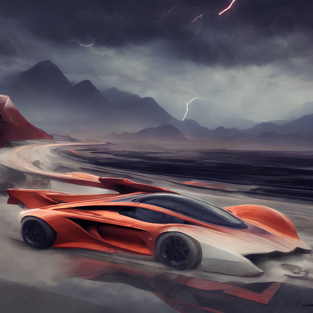 Futuristic orange and white car in stormy mountain landscape