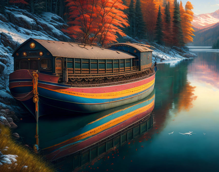 Vintage Boat on Tranquil Lake with Autumn Trees Reflections