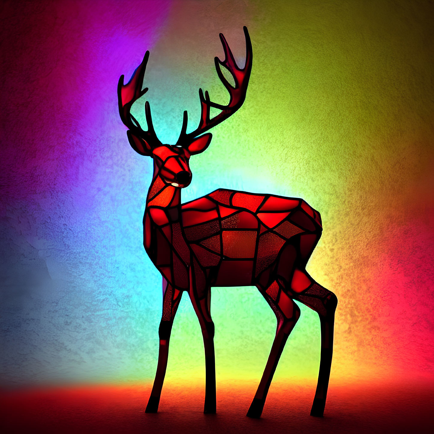 Vibrant red deer with antlers in stained glass effect