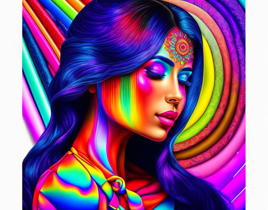 Colorful digital artwork of woman with vibrant hair and decorated forehead on rainbow background