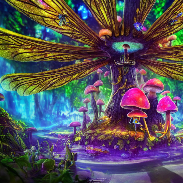 Detailed Dragonfly in Vibrant Fantasy Forest Scene