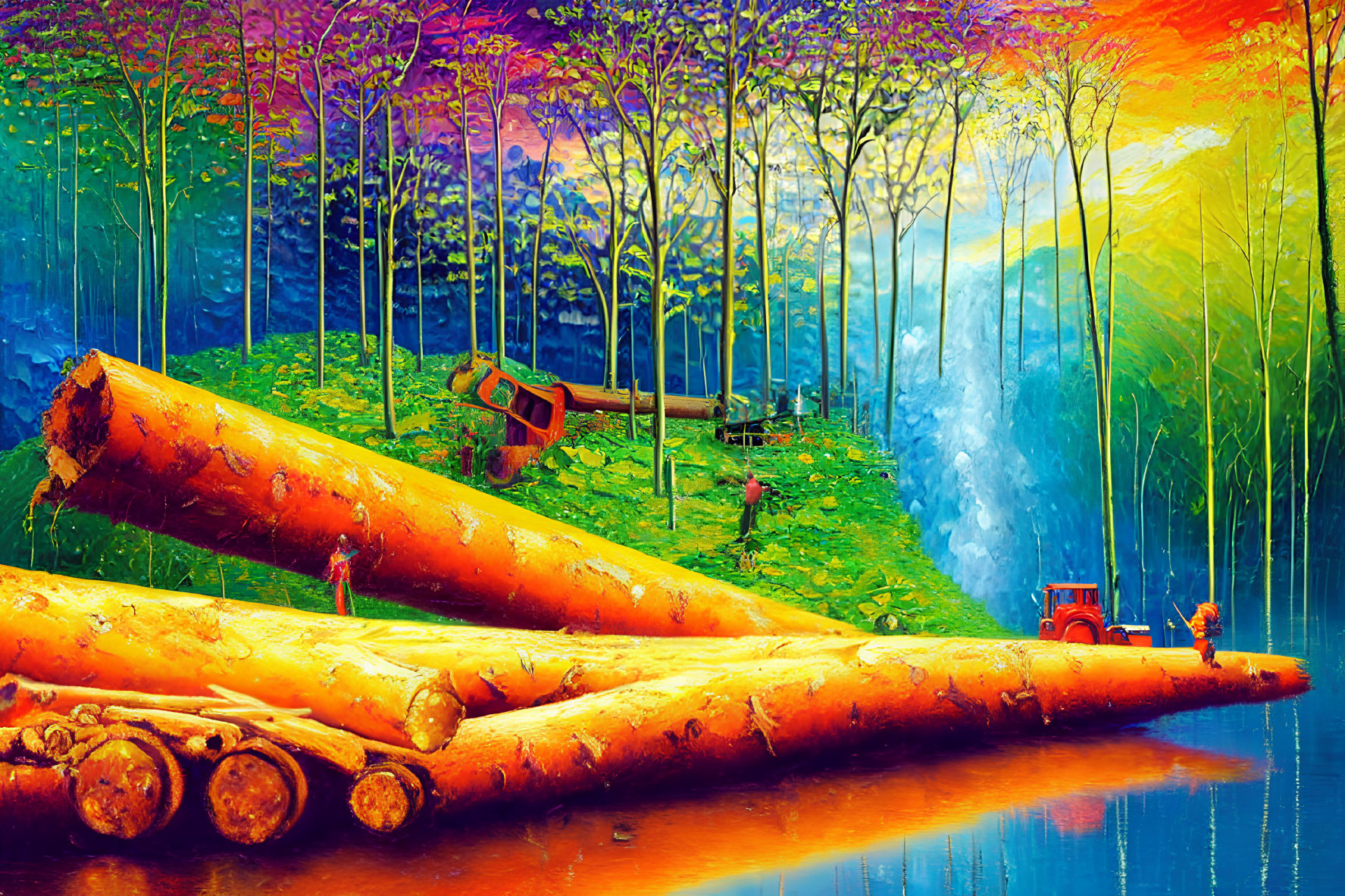 Colorful Forest Scene with Felled Logs, Peaceful Lake, and Tractor