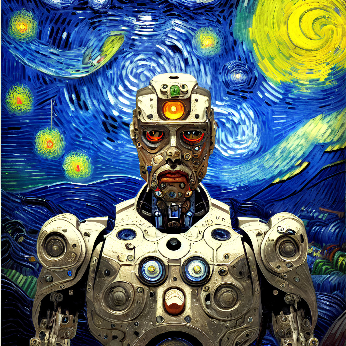 Humanoid robot with camera eyes in Van Gogh-inspired starry background