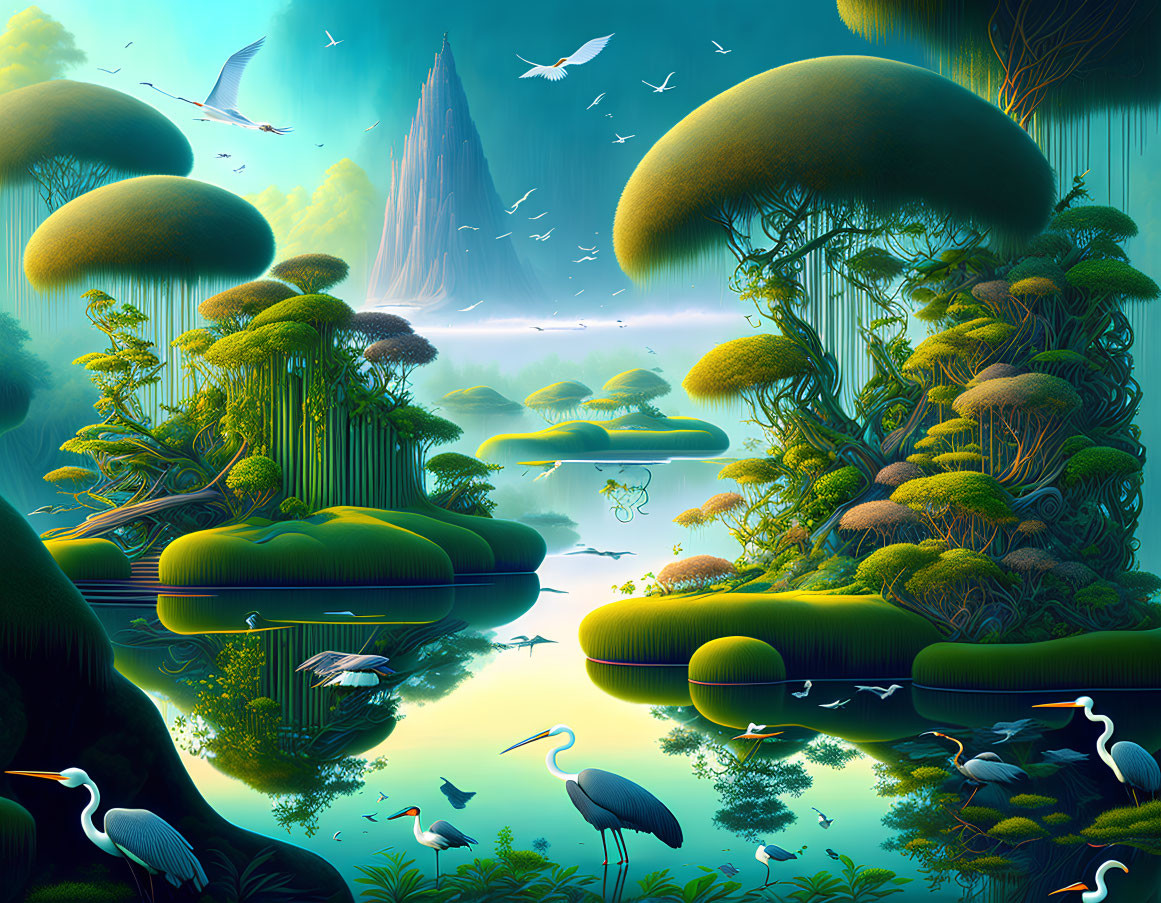 Lush greenery and oversized mushroom-like structures in vibrant ecosystem