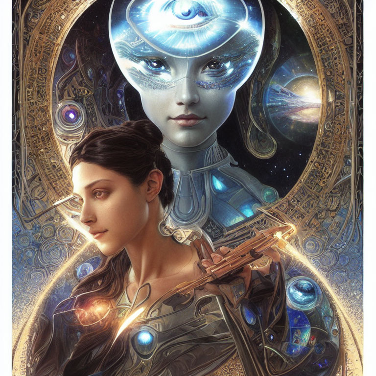 Futuristic cosmic woman with weapon and golden celestial motifs