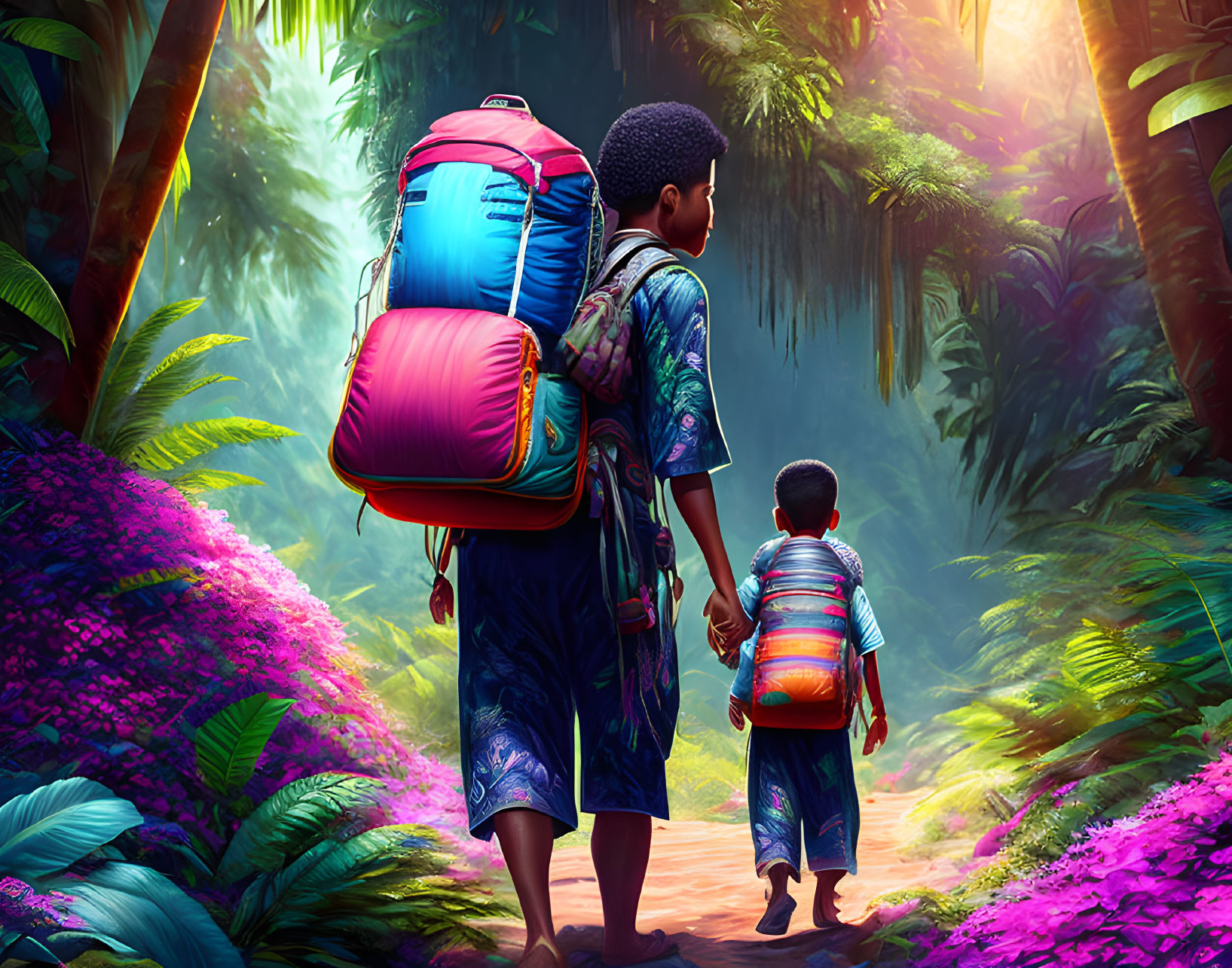 Hikers in lush forest with large backpacks