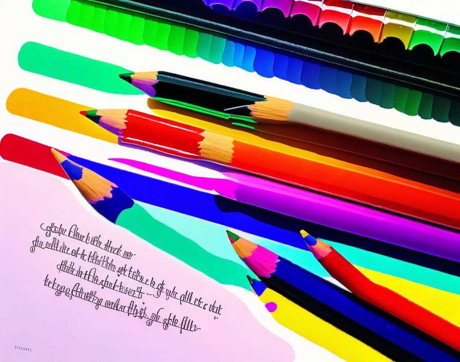 Colorful shadows of vibrant colored pencils on paper with cursive writing