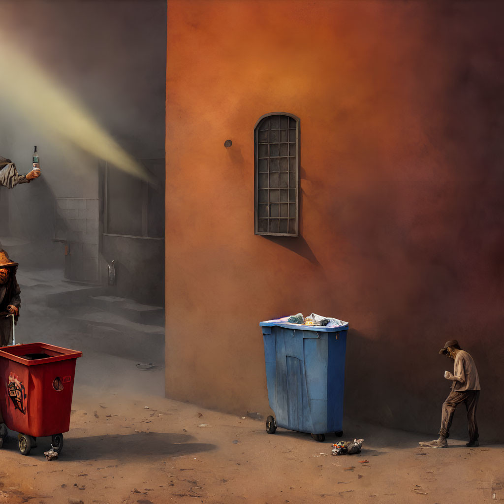 Surreal artwork with oversized trash bins and floating window on orange wall depicts isolation and disconnection.