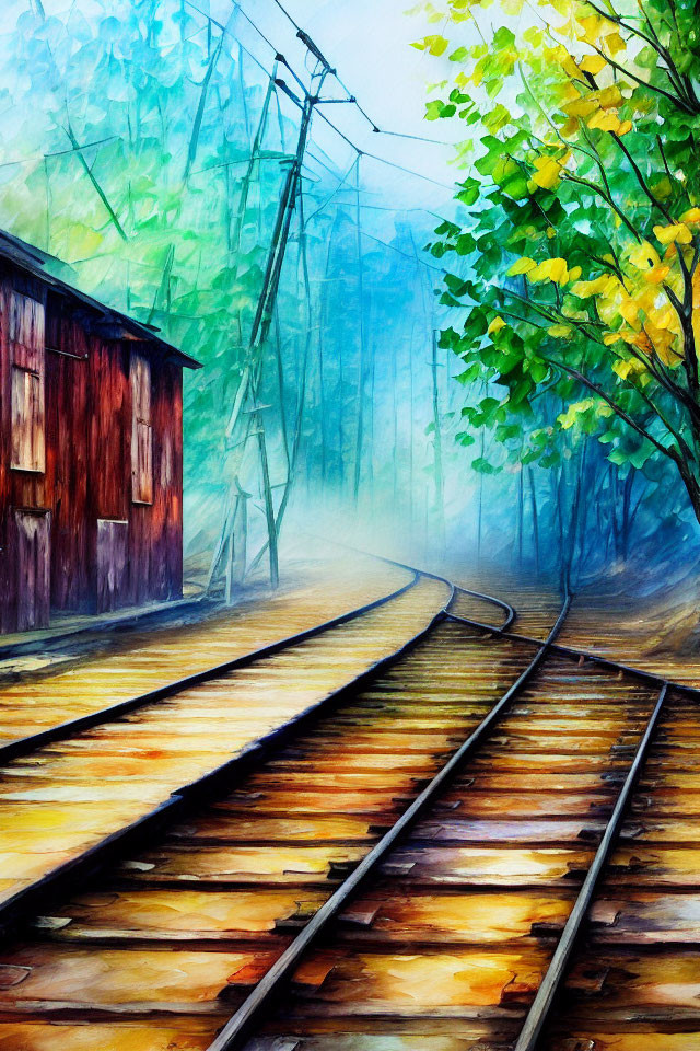 Colorful Misty Forest Painting with Railway Track and Wooden Shack