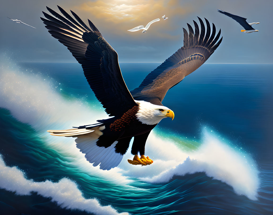 Majestic eagle soaring over turbulent sea with dramatic sky.