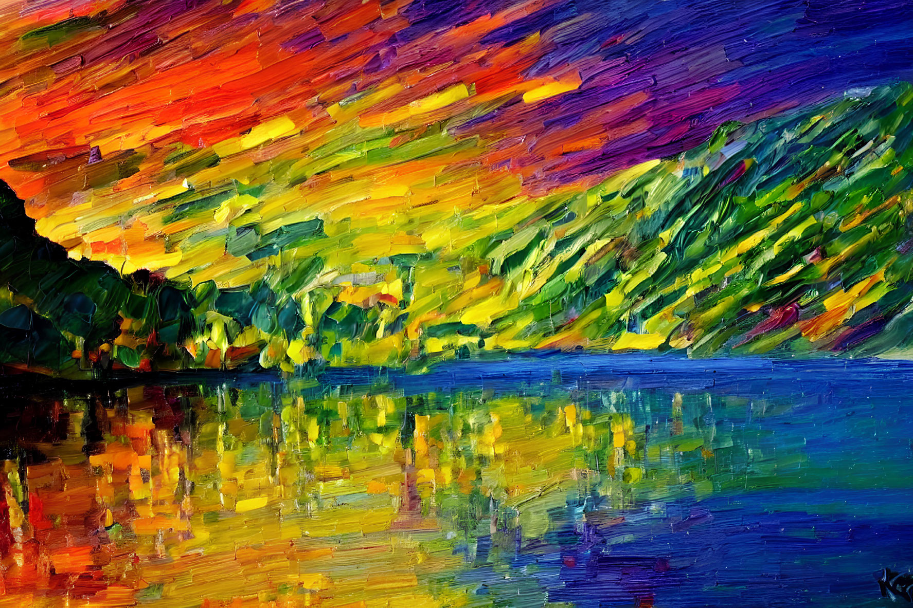 Sunset oil painting with bold strokes reflecting over calm lake