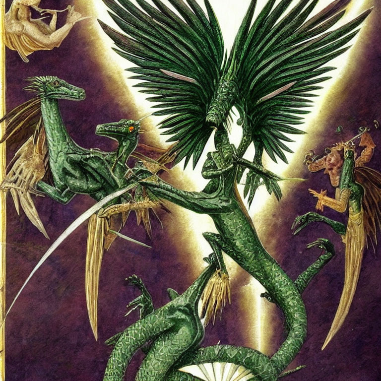 Fantastical illustration of green dragon, two smaller dragons, and fairy with dragon-like wings on purple