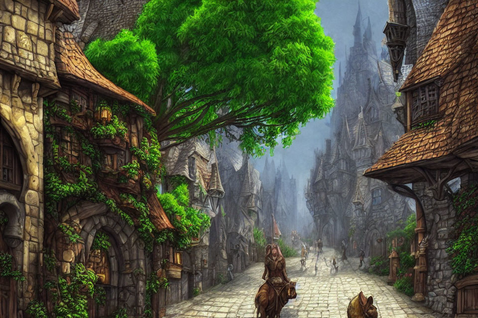 Detailed digital painting of medieval town street with cobblestones, buildings, trees, and townsfolk.