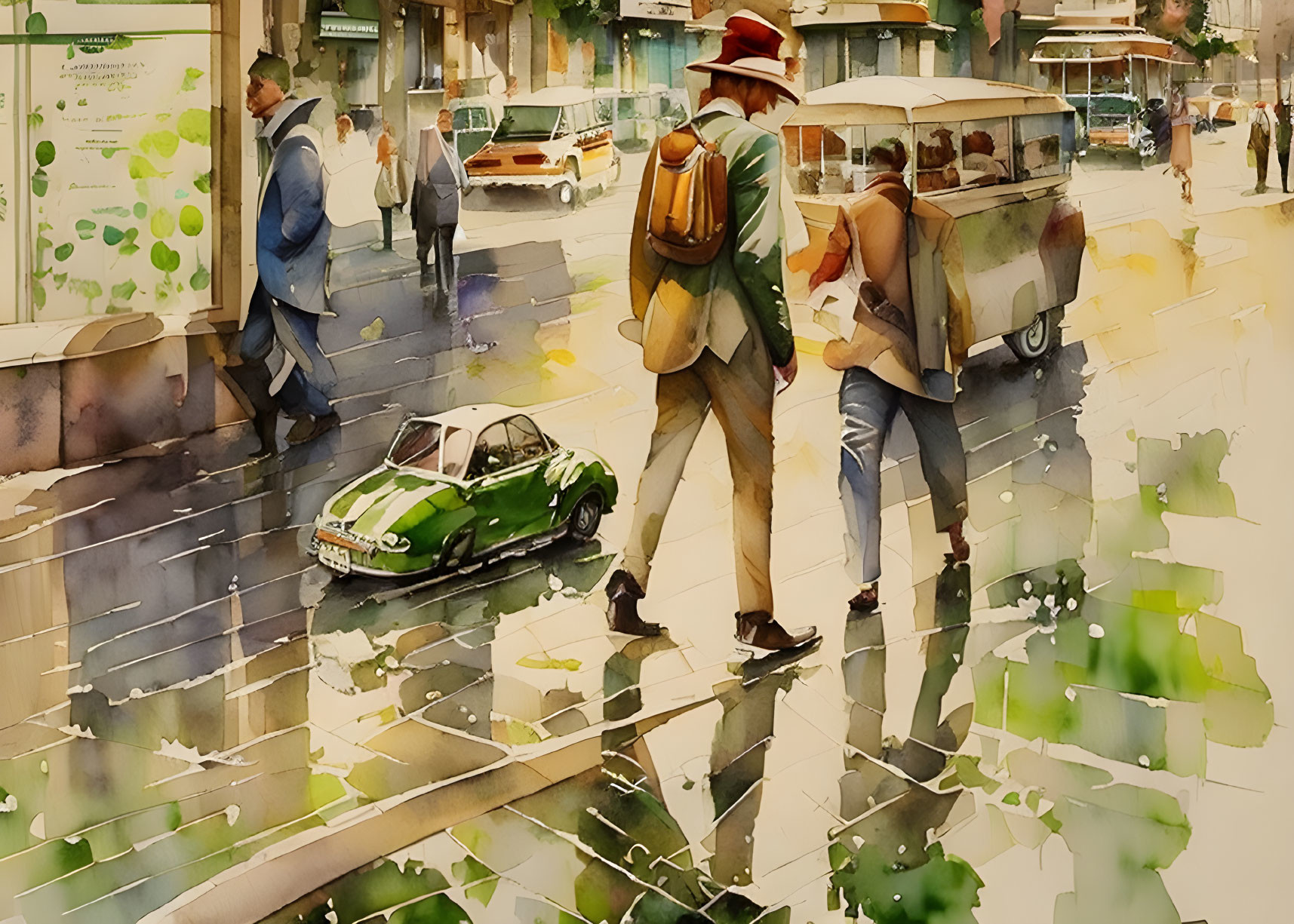 Stylized watercolor painting of city life with pedestrians, vintage car, reflections, and tuk