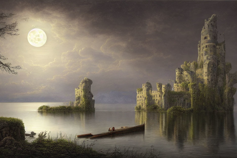 Moonlit lake scene with person in boat near crumbling medieval towers