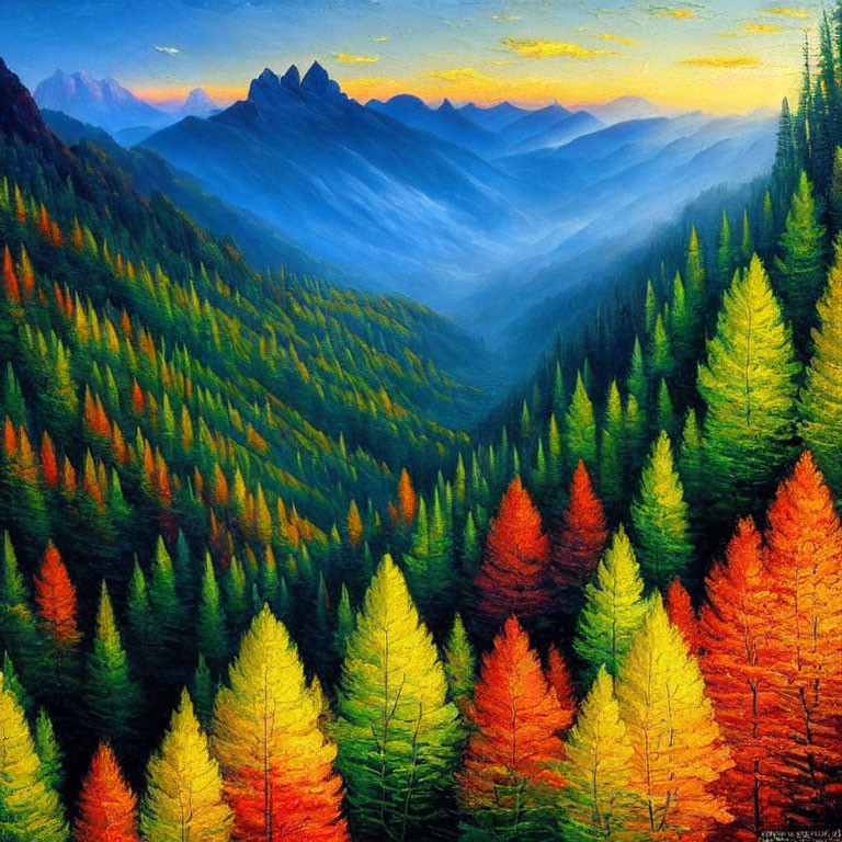 Autumn forest painting with blue mountains and sunset sky