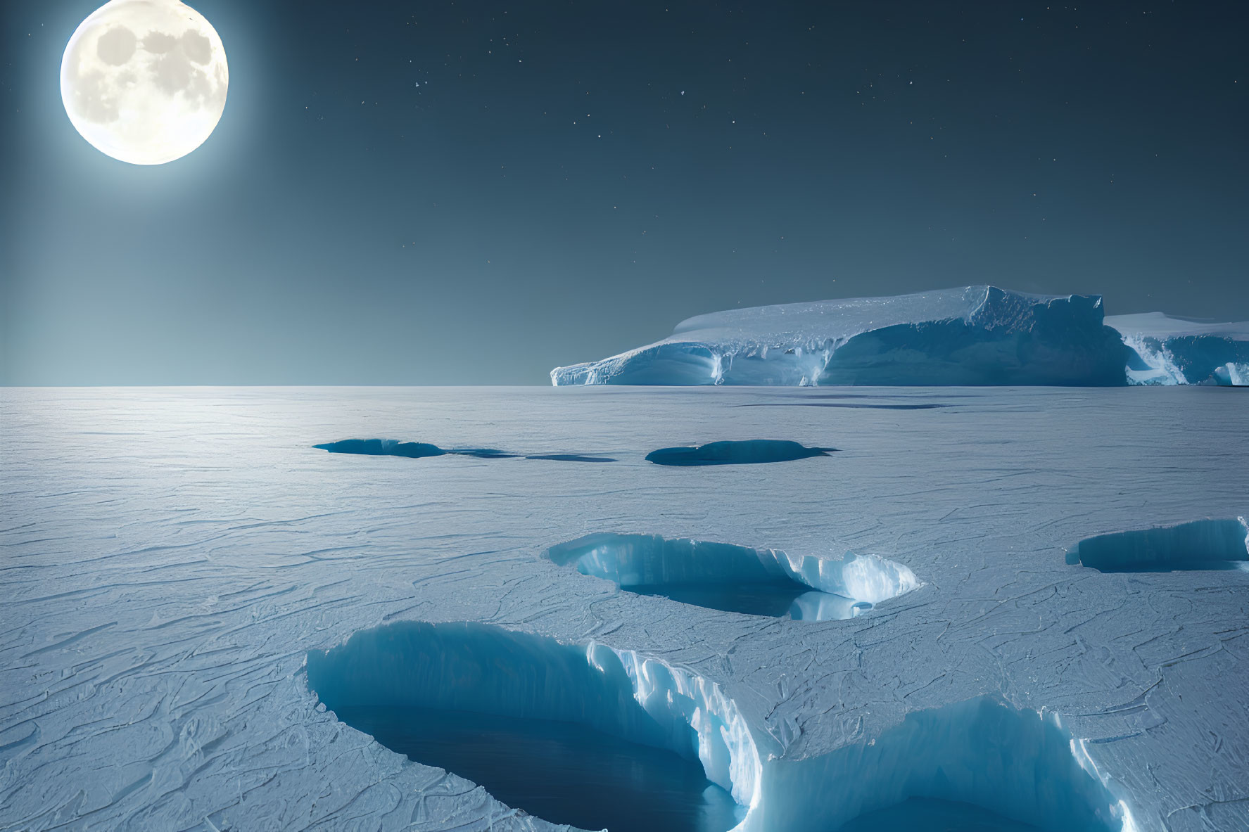 Full Moon Illuminating Arctic Nightscape with Icebergs