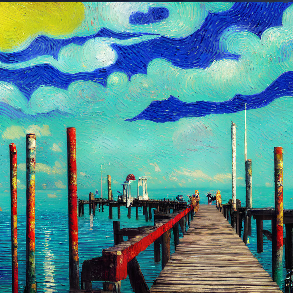 Colorful painting of wooden dock by the sea with swirling skies and people walking.