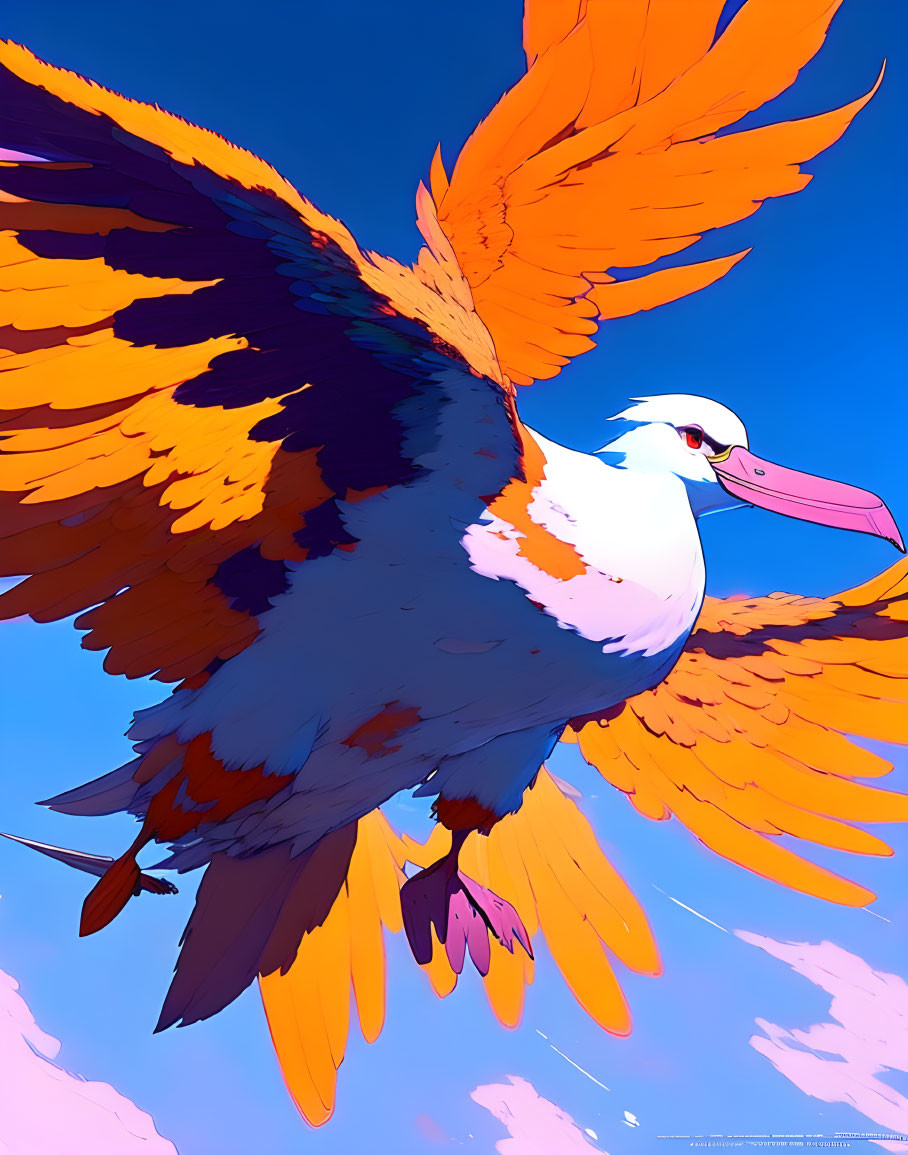 Colorful Stylized Bird Soaring in Blue Sky