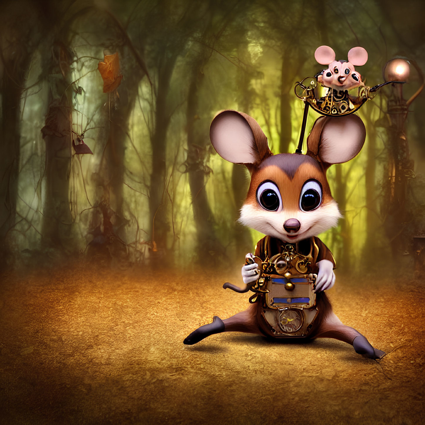 Anthropomorphic Mouse in Steampunk Goggles with Fantastical Device in Mystical Forest