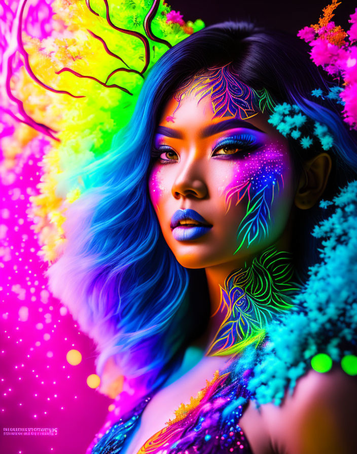 Vibrant neon makeup and body art on a woman in fluorescent lighting