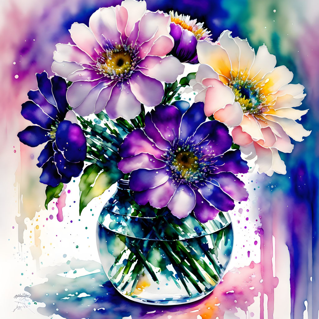 Vibrant watercolor painting of colorful flowers in a clear vase