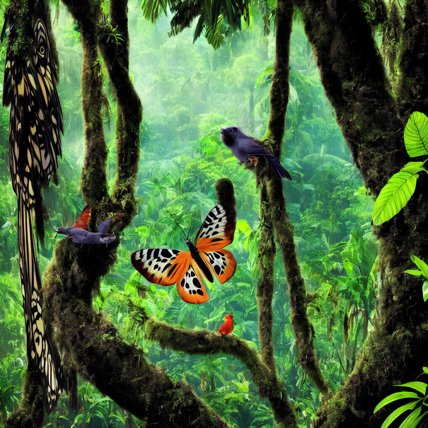 Lush Green Jungle with Moss-Covered Trees and Colorful Wildlife