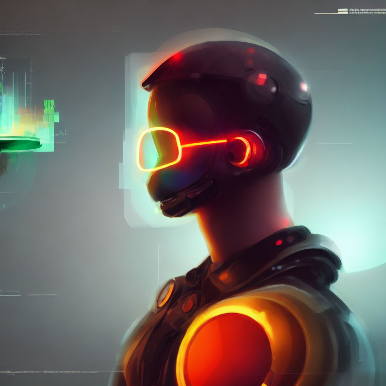 Futuristic Soldier in Glowing Orange Visor and Headphones amid Digital Interfaces