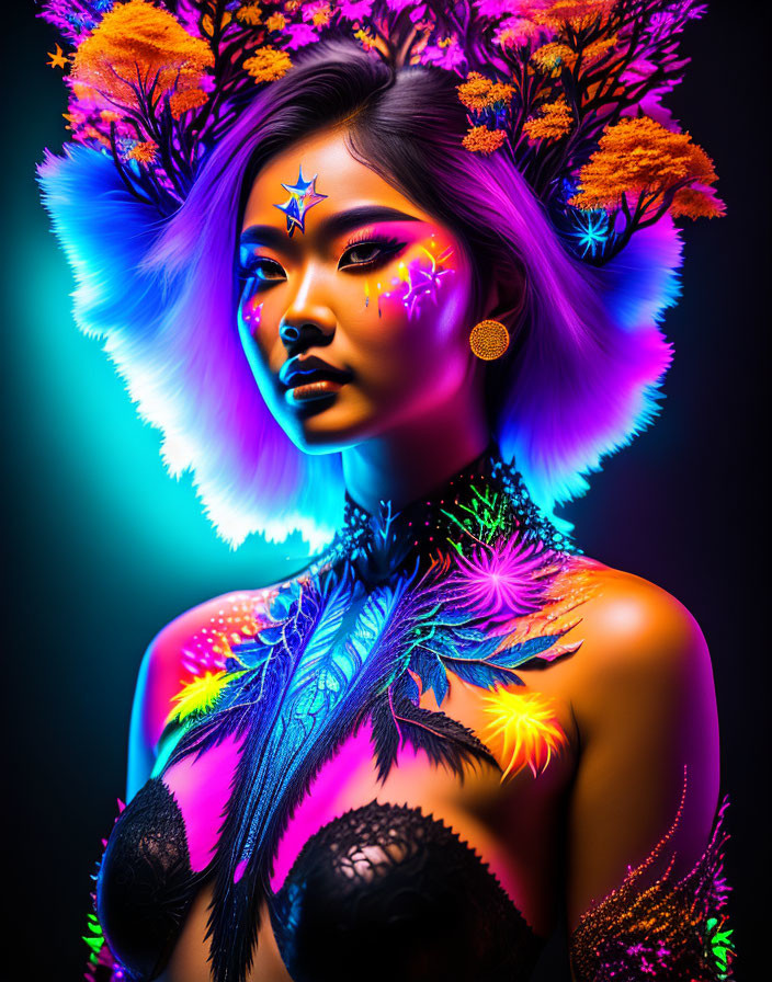 Colorful portrait of a woman with neon body paint and floral accents on a dark background