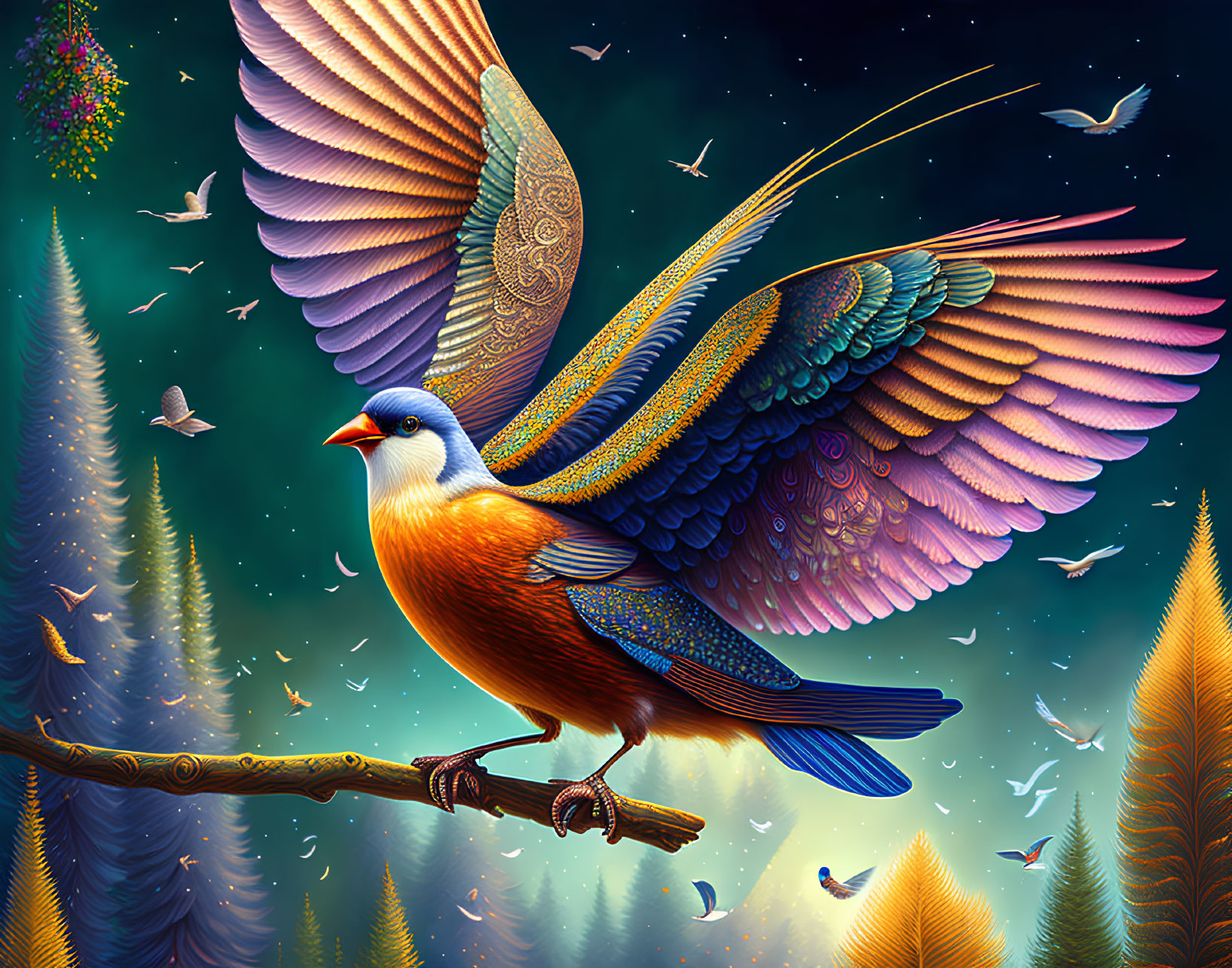 Colorful bird with expanded wings on branch in starry night scene